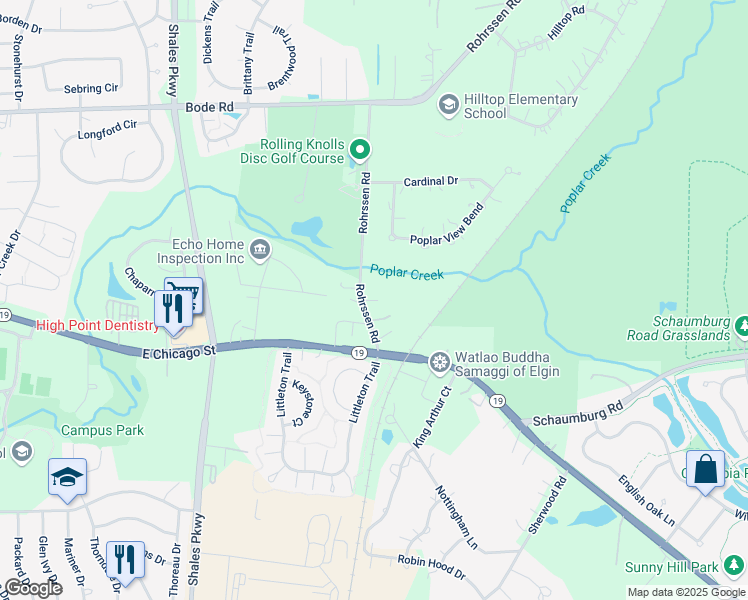 map of restaurants, bars, coffee shops, grocery stores, and more near 11 Rohrssen Road in Elgin
