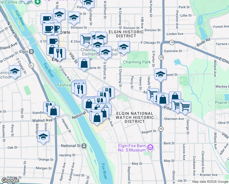 map of restaurants, bars, coffee shops, grocery stores, and more near 281-91 Raymond Street in Elgin