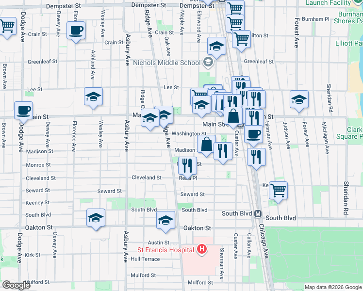 map of restaurants, bars, coffee shops, grocery stores, and more near 737 Ridge Avenue in Evanston