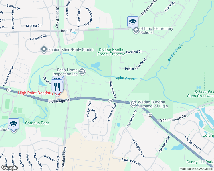 map of restaurants, bars, coffee shops, grocery stores, and more near 11 Rohrssen Road in Elgin
