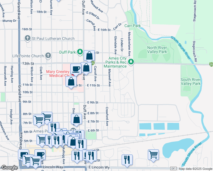 map of restaurants, bars, coffee shops, grocery stores, and more near 307 East 11th Street in Ames