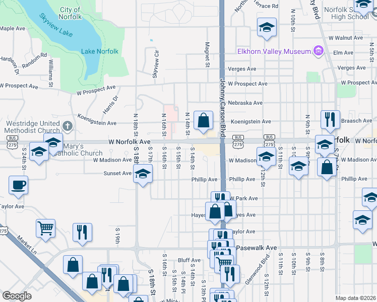 map of restaurants, bars, coffee shops, grocery stores, and more near 1400-1442 Madison Avenue in Norfolk