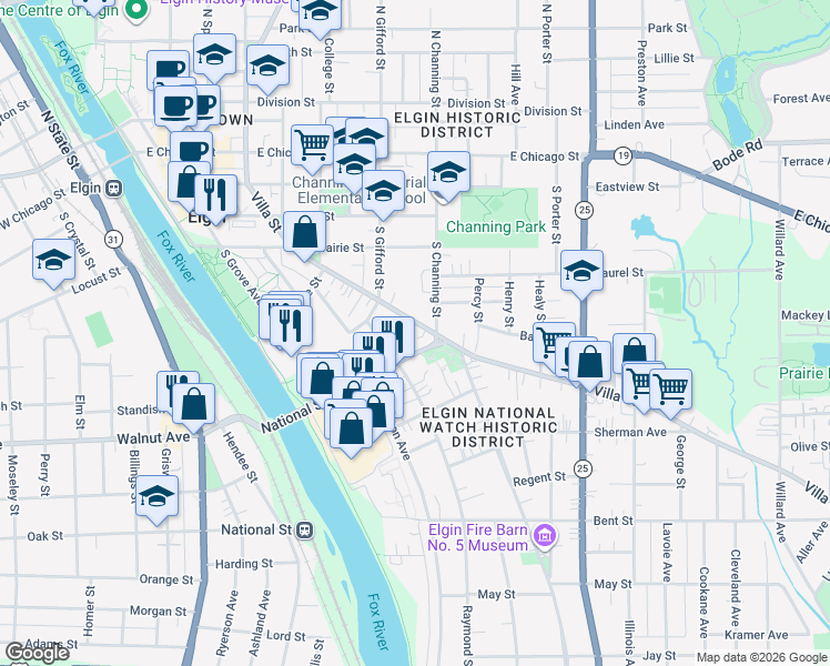 map of restaurants, bars, coffee shops, grocery stores, and more near 281-91 Raymond Street in Elgin
