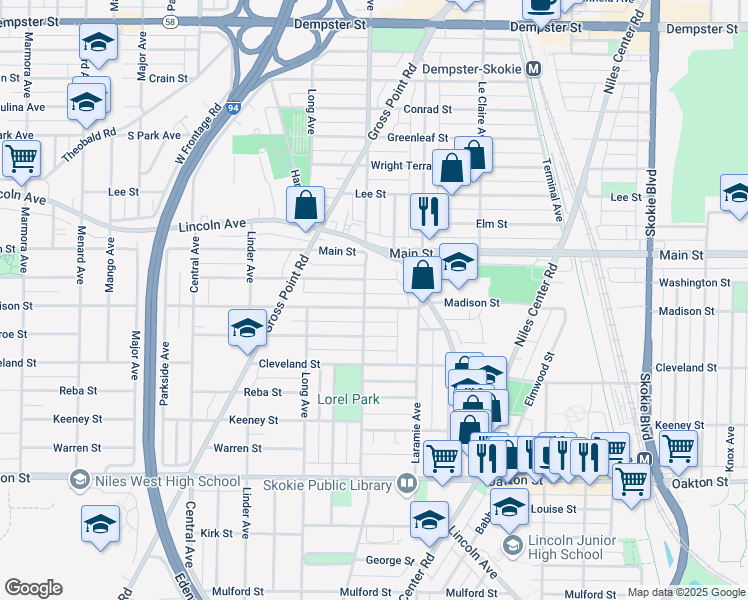 map of restaurants, bars, coffee shops, grocery stores, and more near 5248 Madison Street in Skokie
