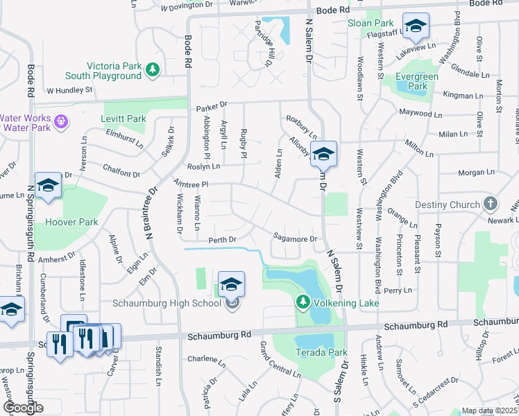 map of restaurants, bars, coffee shops, grocery stores, and more near 235 Whidah Court in Schaumburg