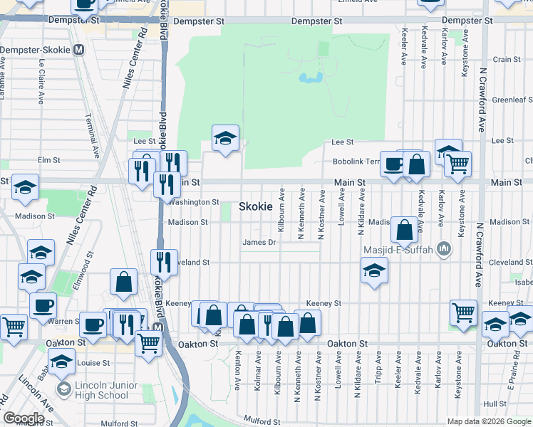 map of restaurants, bars, coffee shops, grocery stores, and more near 4525 Madison Street in Skokie