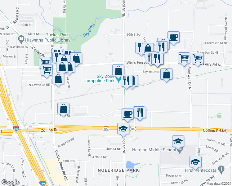 map of restaurants, bars, coffee shops, grocery stores, and more near 1540 Midland Court Northeast in Cedar Rapids