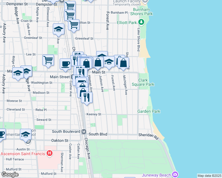 map of restaurants, bars, coffee shops, grocery stores, and more near 729 Judson Avenue in Evanston