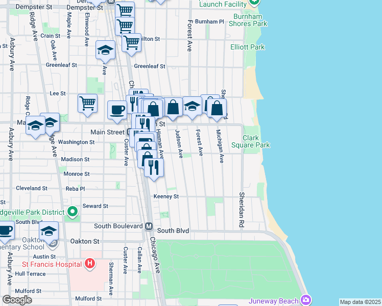 map of restaurants, bars, coffee shops, grocery stores, and more near 729 Judson Avenue in Evanston