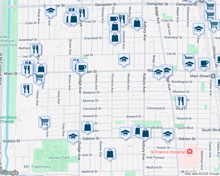 map of restaurants, bars, coffee shops, grocery stores, and more near 1530 Madison Street in Evanston