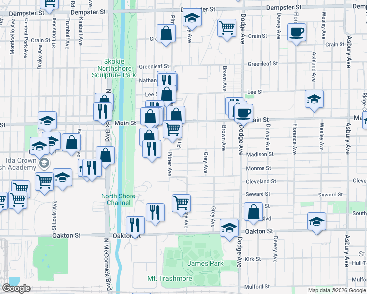 map of restaurants, bars, coffee shops, grocery stores, and more near 2221 Madison Place in Evanston