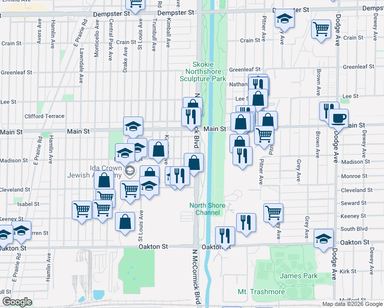 map of restaurants, bars, coffee shops, grocery stores, and more near 8250 McCormick Boulevard in Skokie