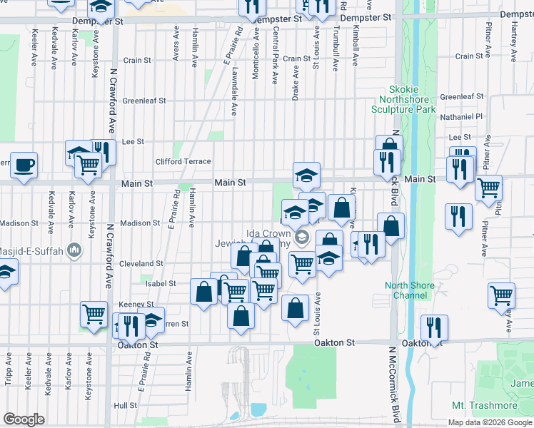 map of restaurants, bars, coffee shops, grocery stores, and more near 8252 Central Park Avenue in Skokie