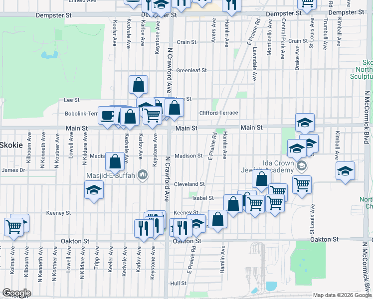 map of restaurants, bars, coffee shops, grocery stores, and more near 3903 Madison Street in Skokie