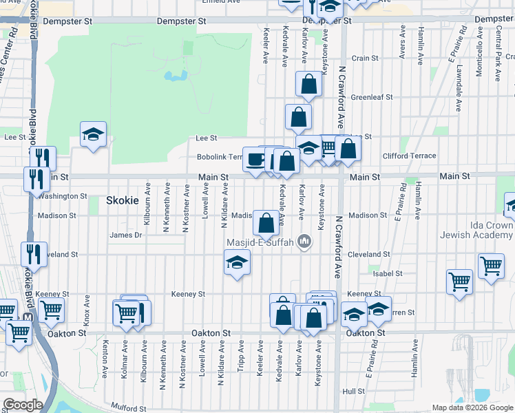 map of restaurants, bars, coffee shops, grocery stores, and more near 4221 Madison Street in Skokie