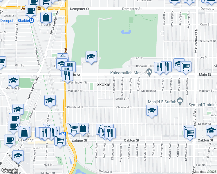 map of restaurants, bars, coffee shops, grocery stores, and more near 4525 Madison Street in Skokie