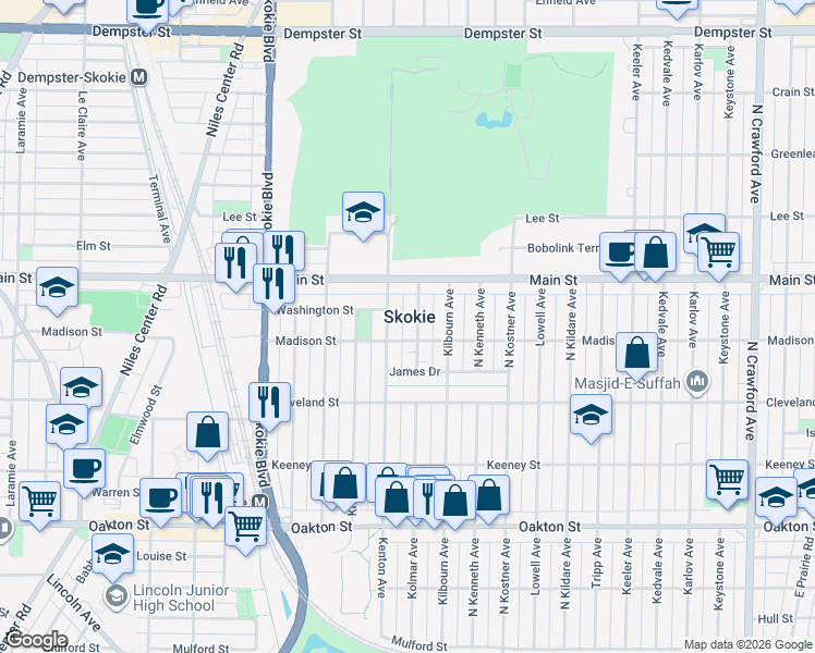 map of restaurants, bars, coffee shops, grocery stores, and more near 4525 Madison Street in Skokie