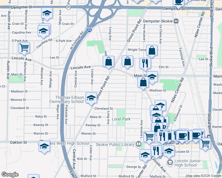 map of restaurants, bars, coffee shops, grocery stores, and more near 5401 Madison Street in Morton Grove