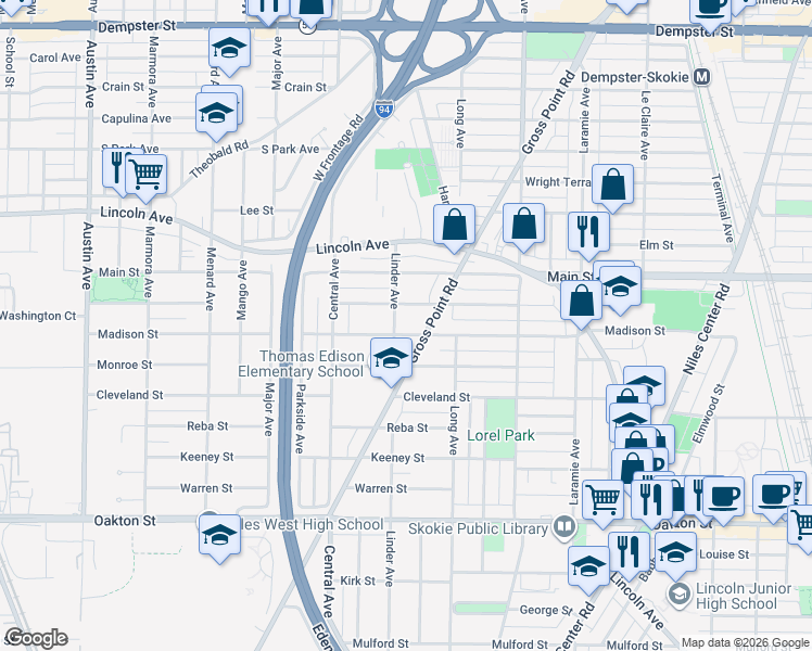 map of restaurants, bars, coffee shops, grocery stores, and more near 8240 Gross Point Road in Morton Grove