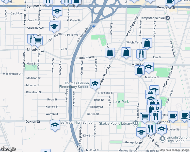 map of restaurants, bars, coffee shops, grocery stores, and more near 5511 Madison Street in Morton Grove