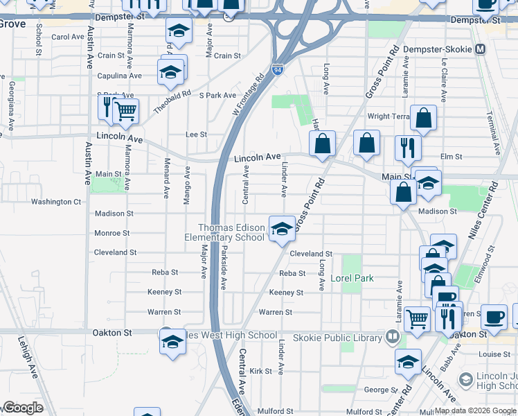 map of restaurants, bars, coffee shops, grocery stores, and more near 8237 Central Avenue in Morton Grove