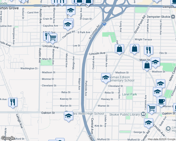 map of restaurants, bars, coffee shops, grocery stores, and more near 8243 Parkside Avenue in Morton Grove