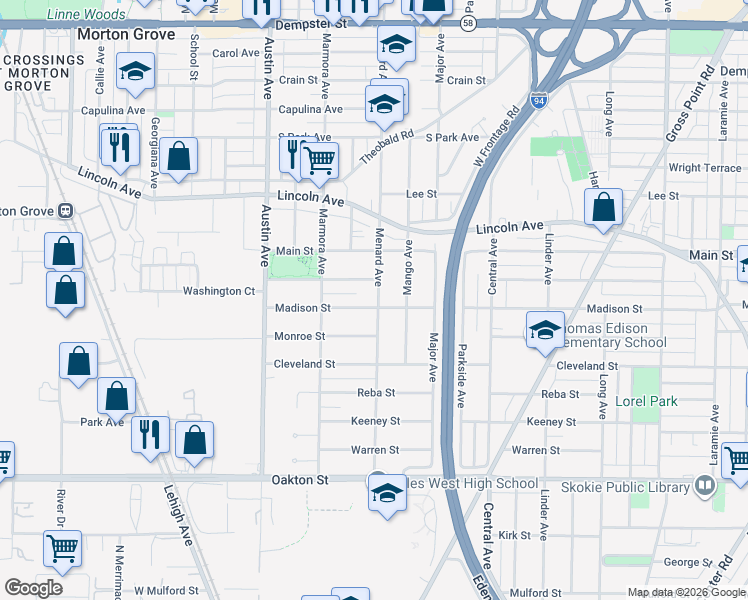 map of restaurants, bars, coffee shops, grocery stores, and more near 5815 Madison Street in Morton Grove