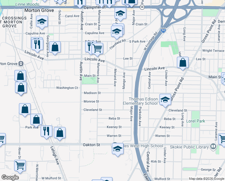 map of restaurants, bars, coffee shops, grocery stores, and more near 5815 Madison Street in Morton Grove