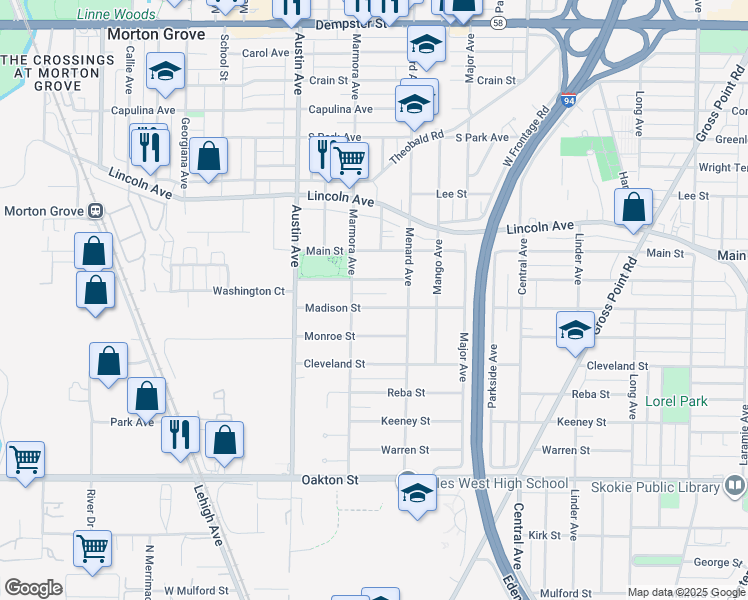 map of restaurants, bars, coffee shops, grocery stores, and more near 5815 Madison Street in Morton Grove