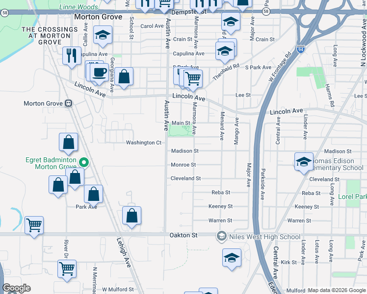 map of restaurants, bars, coffee shops, grocery stores, and more near 5925 Madison Street in Morton Grove
