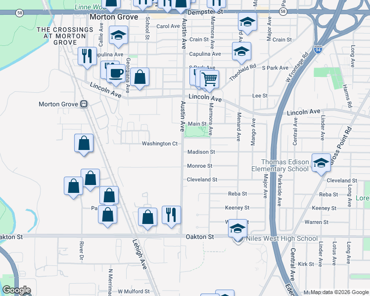 map of restaurants, bars, coffee shops, grocery stores, and more near 8220 Austin Avenue in Morton Grove