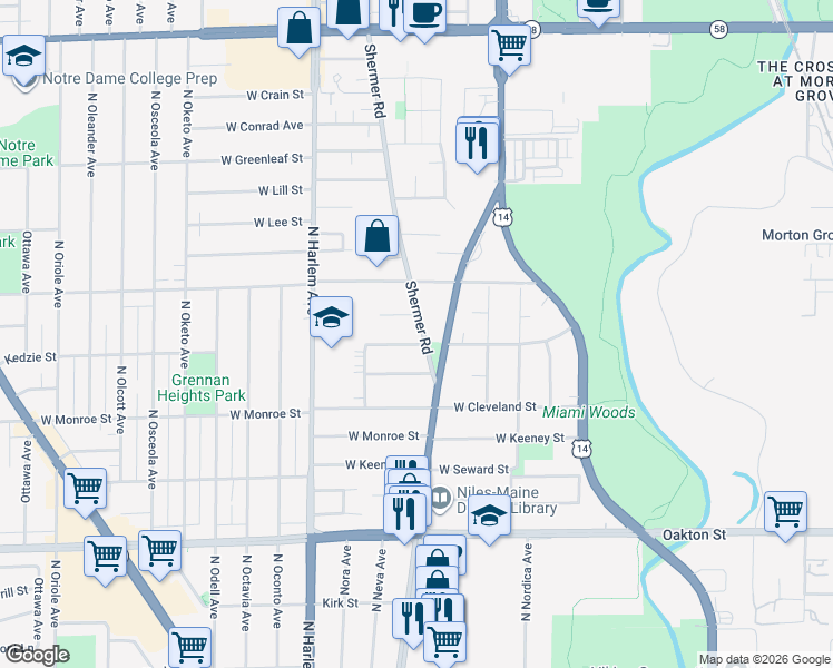 map of restaurants, bars, coffee shops, grocery stores, and more near 7025 Kedzie Street in Niles