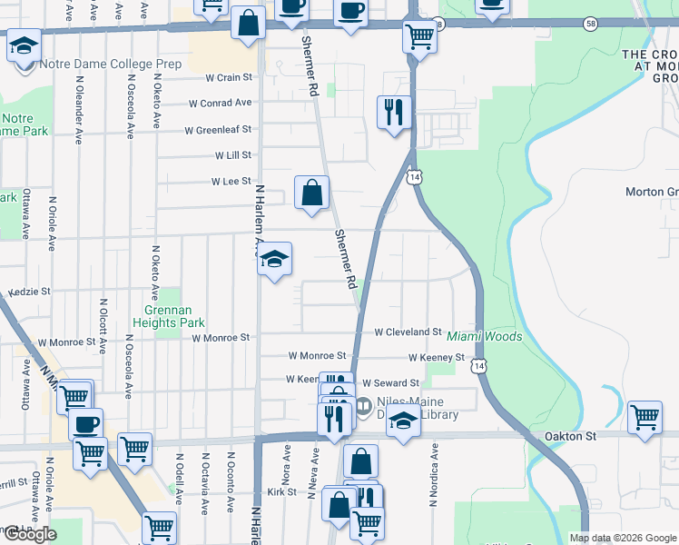 map of restaurants, bars, coffee shops, grocery stores, and more near 7025 Kedzie Street in Niles