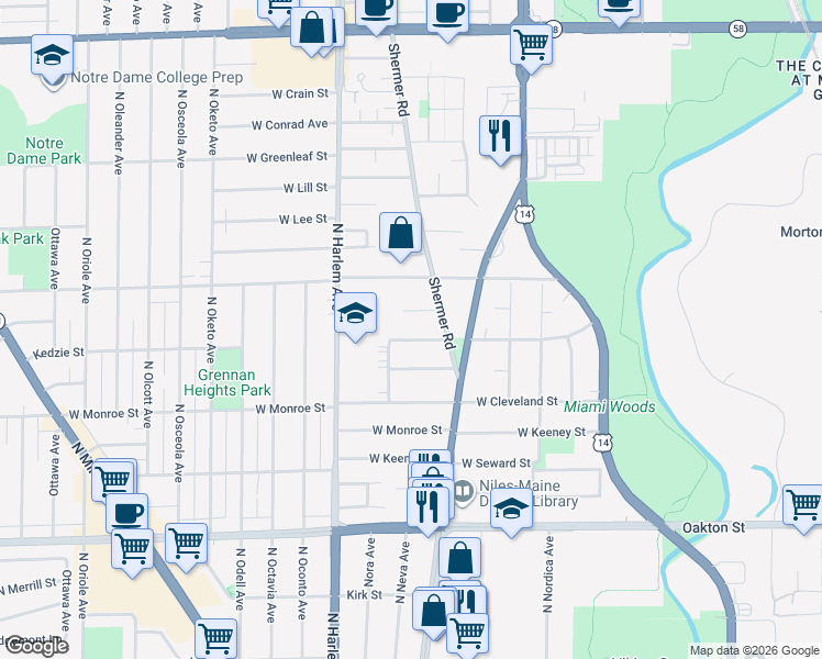 map of restaurants, bars, coffee shops, grocery stores, and more near 7065 Kedzie Street in Niles