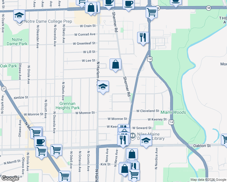 map of restaurants, bars, coffee shops, grocery stores, and more near 7065 Kedzie Street in Niles
