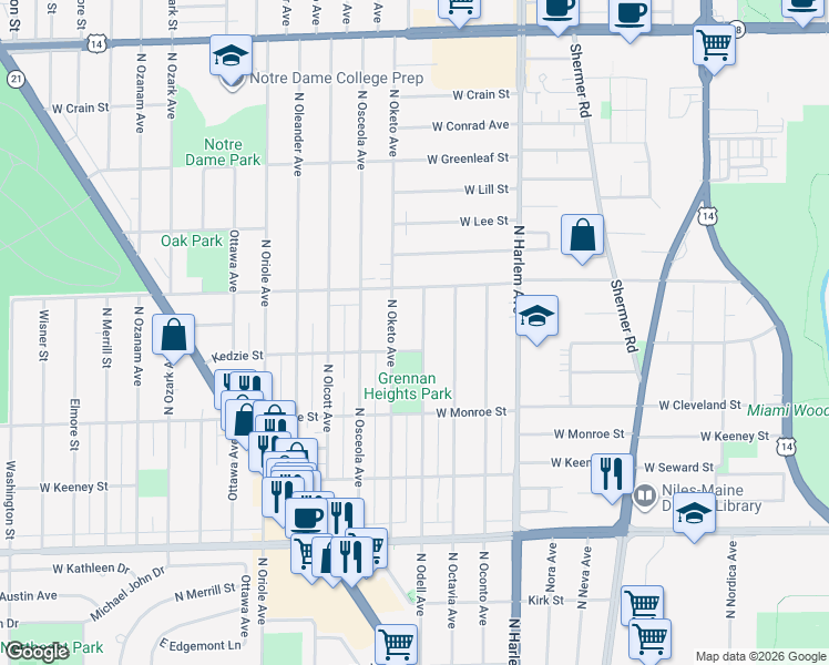 map of restaurants, bars, coffee shops, grocery stores, and more near 8259 North Odell Avenue in Niles