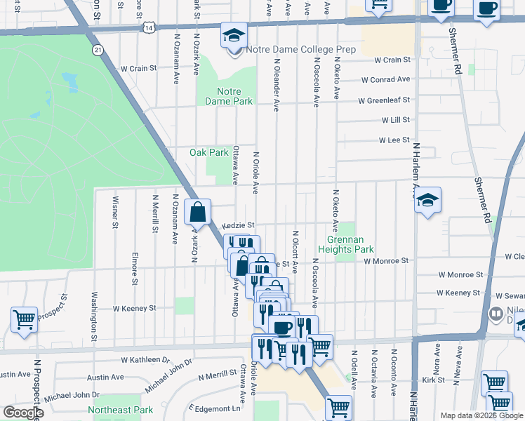map of restaurants, bars, coffee shops, grocery stores, and more near 8301 North Oriole Avenue in Niles