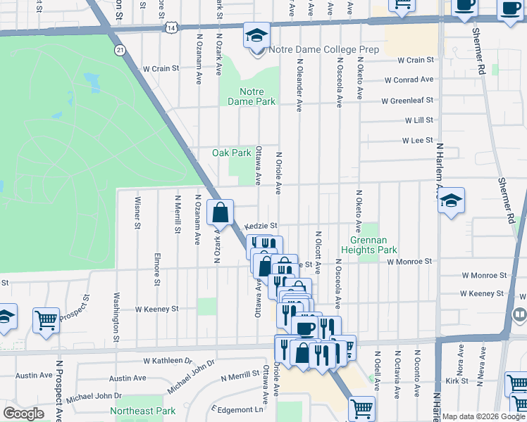 map of restaurants, bars, coffee shops, grocery stores, and more near 7632 Kedzie Street in Niles