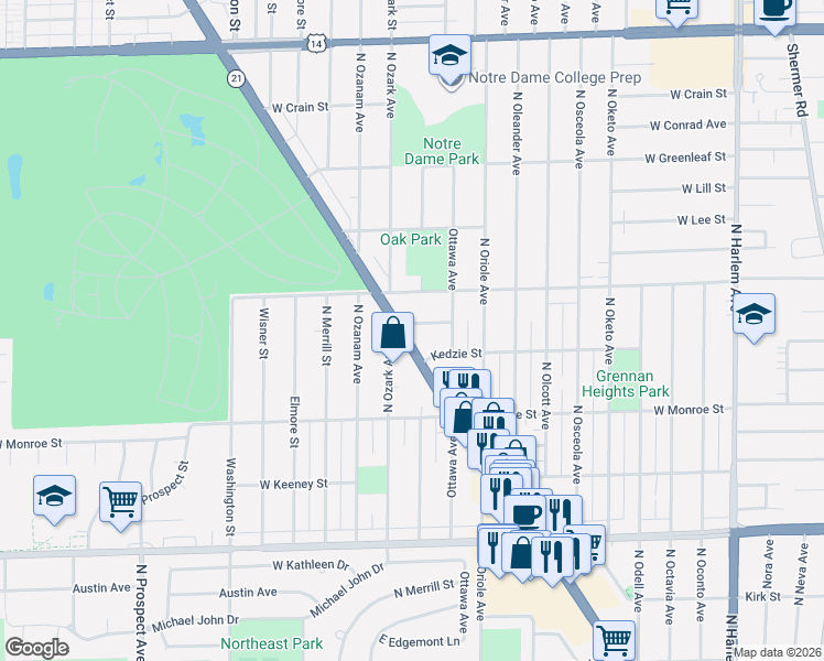 map of restaurants, bars, coffee shops, grocery stores, and more near 8312 Illinois 21 in Niles
