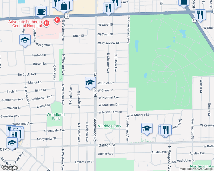 map of restaurants, bars, coffee shops, grocery stores, and more near 8513 West Clara Drive in Niles