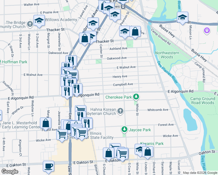 map of restaurants, bars, coffee shops, grocery stores, and more near 1452 East Algonquin Road in Des Plaines