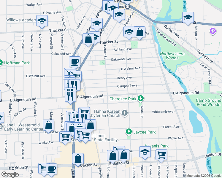 map of restaurants, bars, coffee shops, grocery stores, and more near 1195 Center Street in Des Plaines