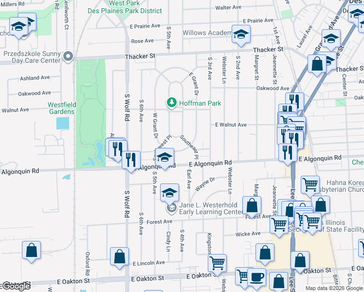 map of restaurants, bars, coffee shops, grocery stores, and more near 1166 West Grant Drive in Des Plaines