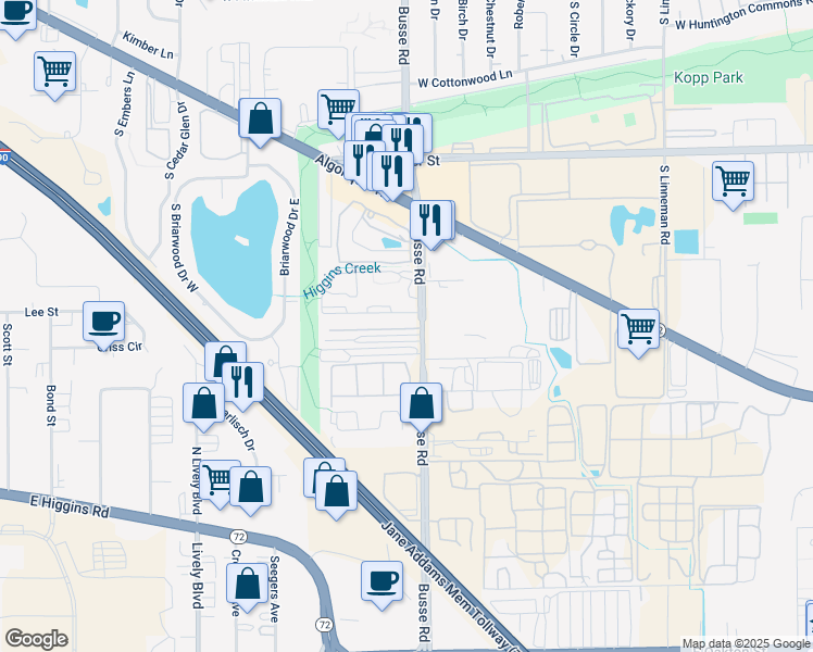 map of restaurants, bars, coffee shops, grocery stores, and more near 1190 Busse Road in Mount Prospect