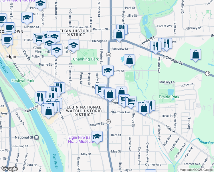map of restaurants, bars, coffee shops, grocery stores, and more near 311 South Liberty Street in Elgin