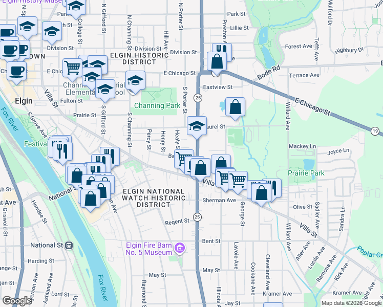 map of restaurants, bars, coffee shops, grocery stores, and more near 563 Barrett Street in Elgin