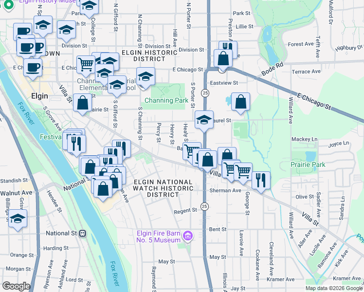 map of restaurants, bars, coffee shops, grocery stores, and more near 505 Barrett Street in Elgin