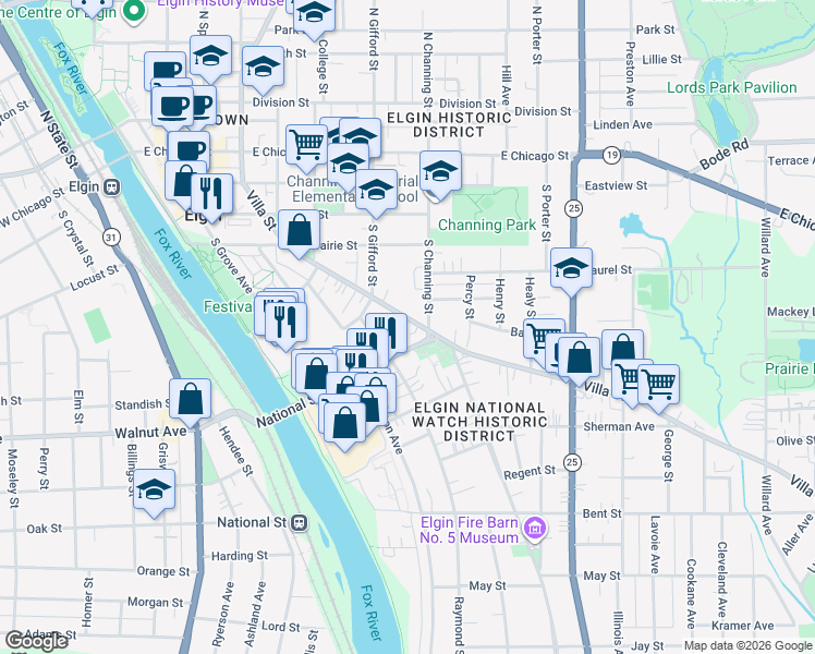 map of restaurants, bars, coffee shops, grocery stores, and more near 281-91 Raymond Street in Elgin