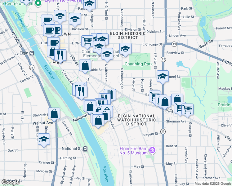 map of restaurants, bars, coffee shops, grocery stores, and more near 286 Villa Street in Elgin