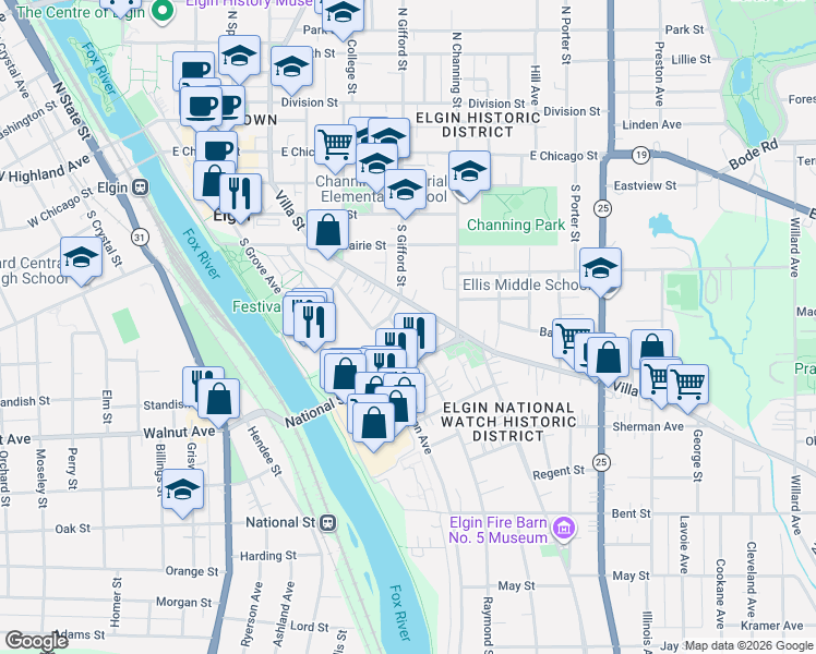 map of restaurants, bars, coffee shops, grocery stores, and more near 281-91 Raymond Street in Elgin